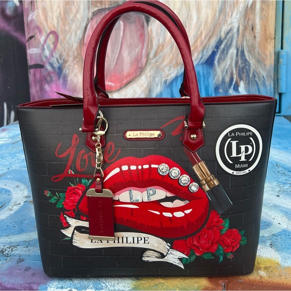 La Philipe design in miami lip rhinestone new with tag brown purse tote clutch - Picture 11 of 13